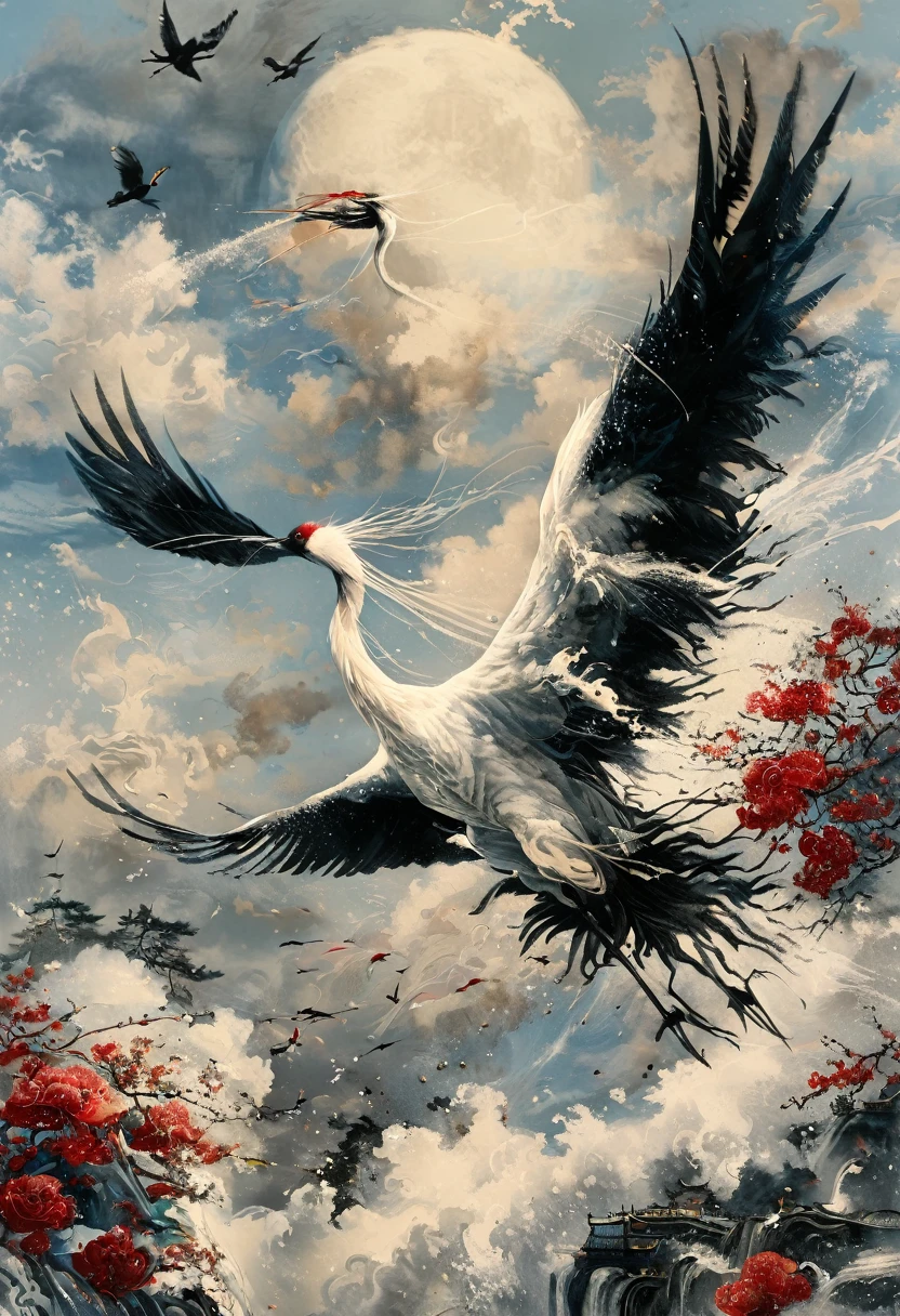 Ink, Crane, cloud, wing, I am, outdoors, feathered wing, sky, petal,oil paint
