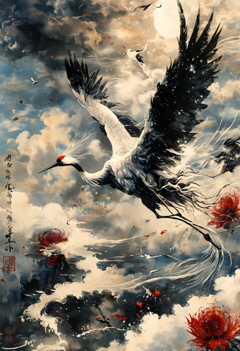 Ink, Crane, cloud, wing, I am, outdoors, feathered wing, sky, petal,oil paint
