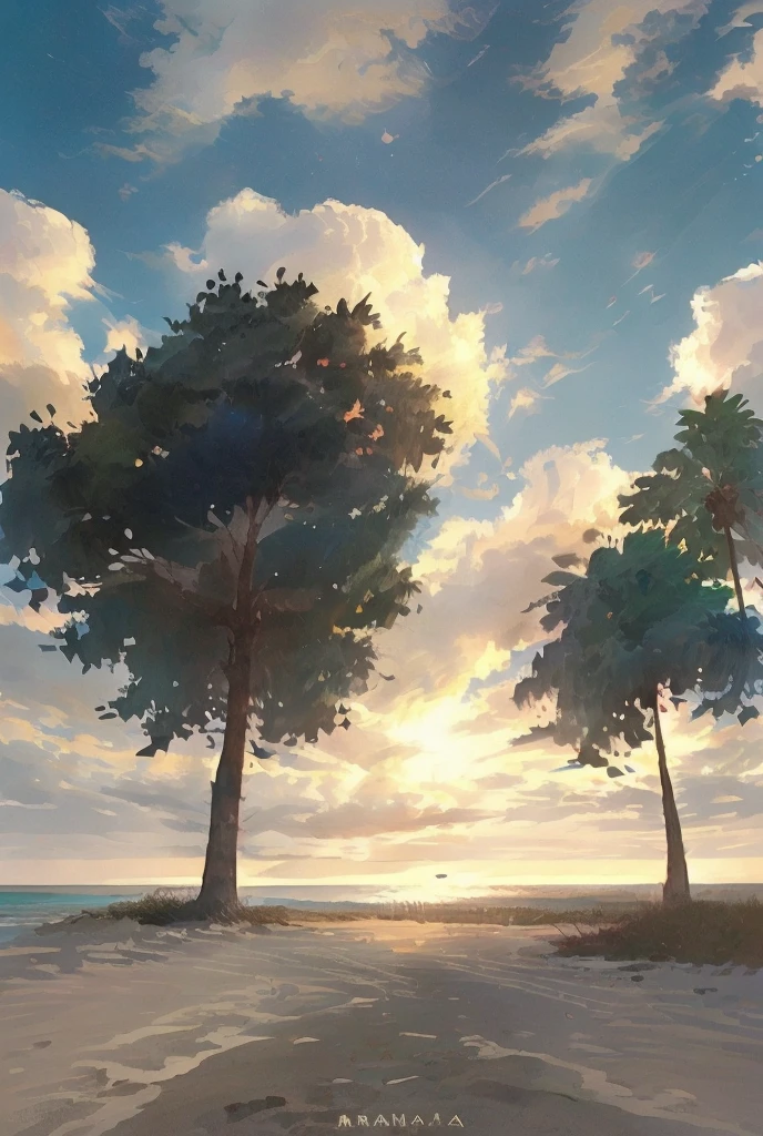 Beach with palm tree in the background, Anime 