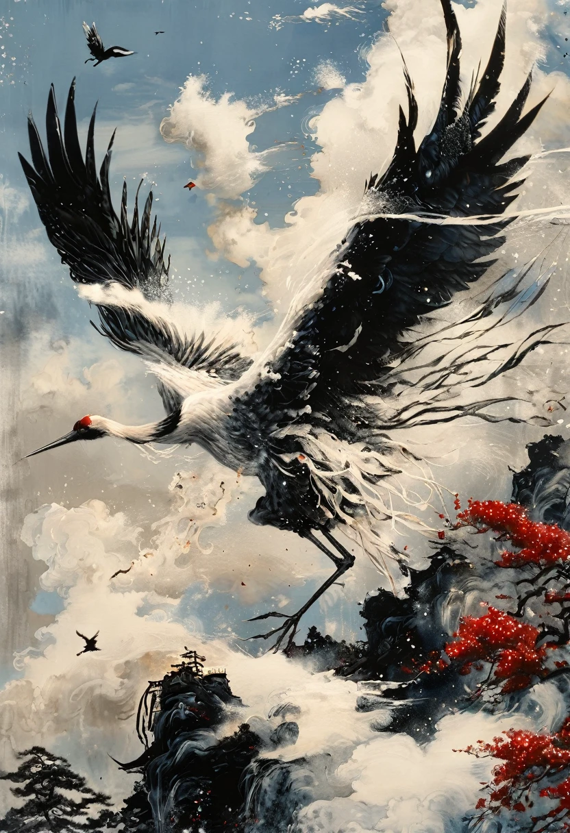 Ink, Crane, cloud, wing, I am, outdoors, feathered wing, sky, petal,oil paint
