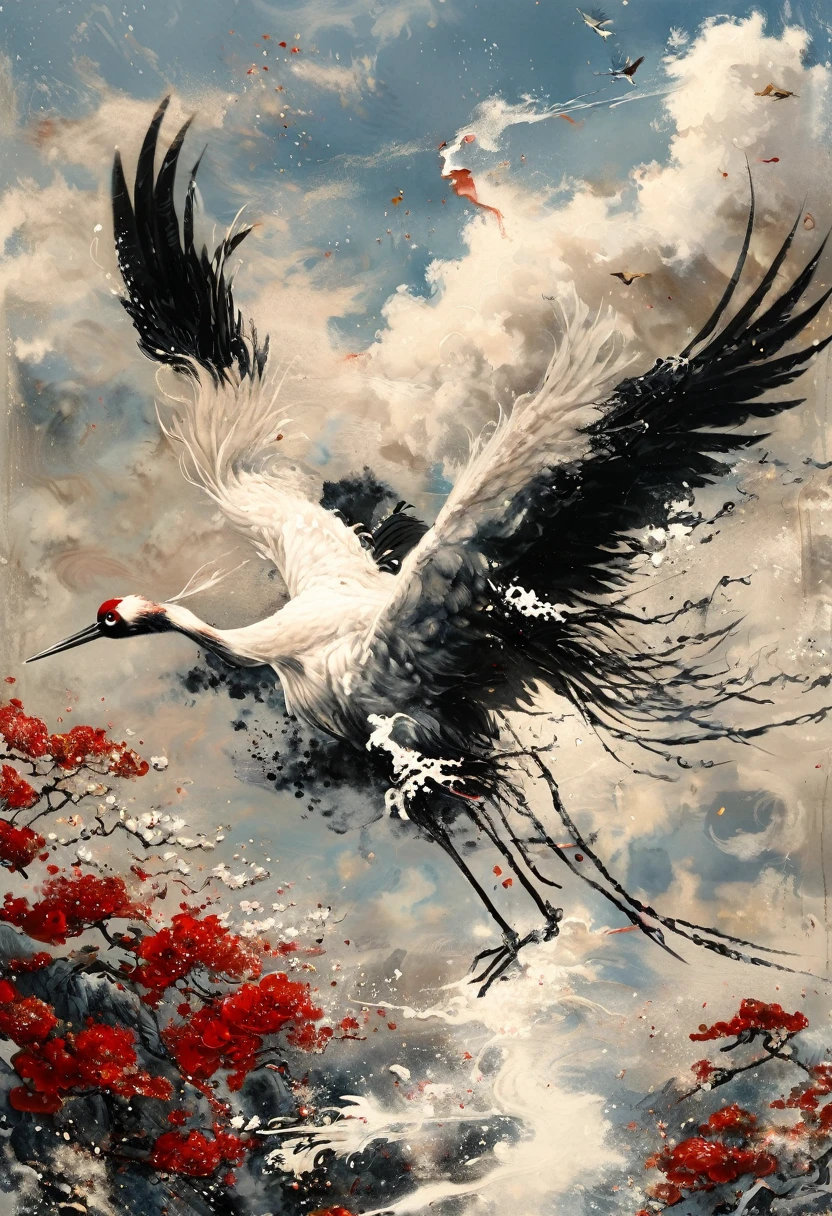 Ink, Crane, cloud, wing, I am, outdoors, feathered wing, sky, petal,oil paint
