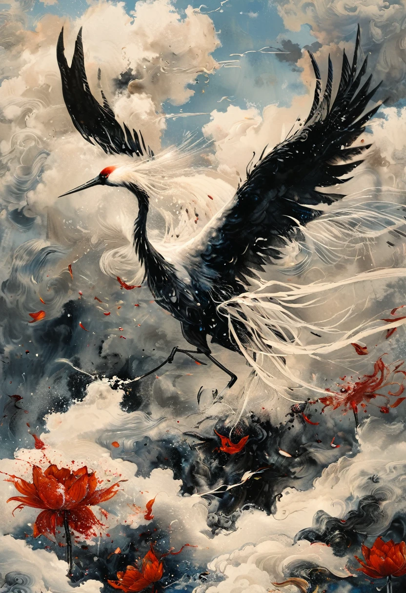 Ink, Crane, cloud, wing, I am, outdoors, feathered wing, sky, petal,oil paint
