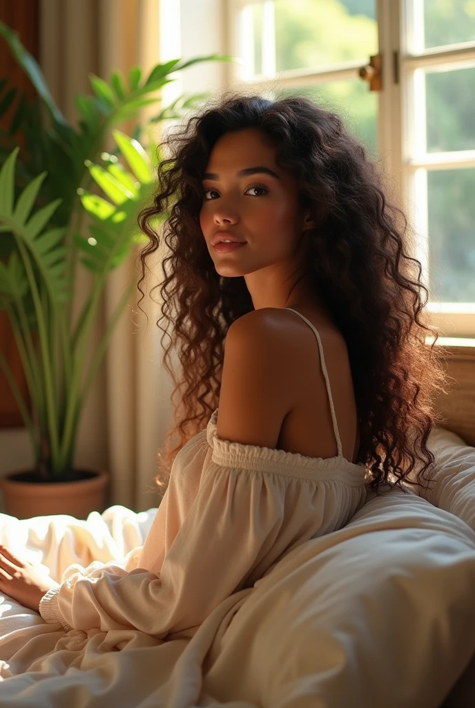 (photorealism:1.2), beautiful woman, sitting on bed, wearing loose off-shoulder top, pajama pants, long curly hair, indoors, soft lighting, plants in background, window with sunlight, cozy room, relaxed pose, realistic, intricate details, warm colors, by Greg Rutkowski, by Alphonse Mucha