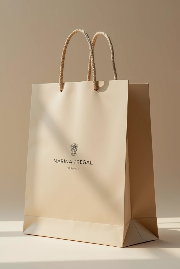 A khakee color paper shopping bag with no handle names marina Regals with logo