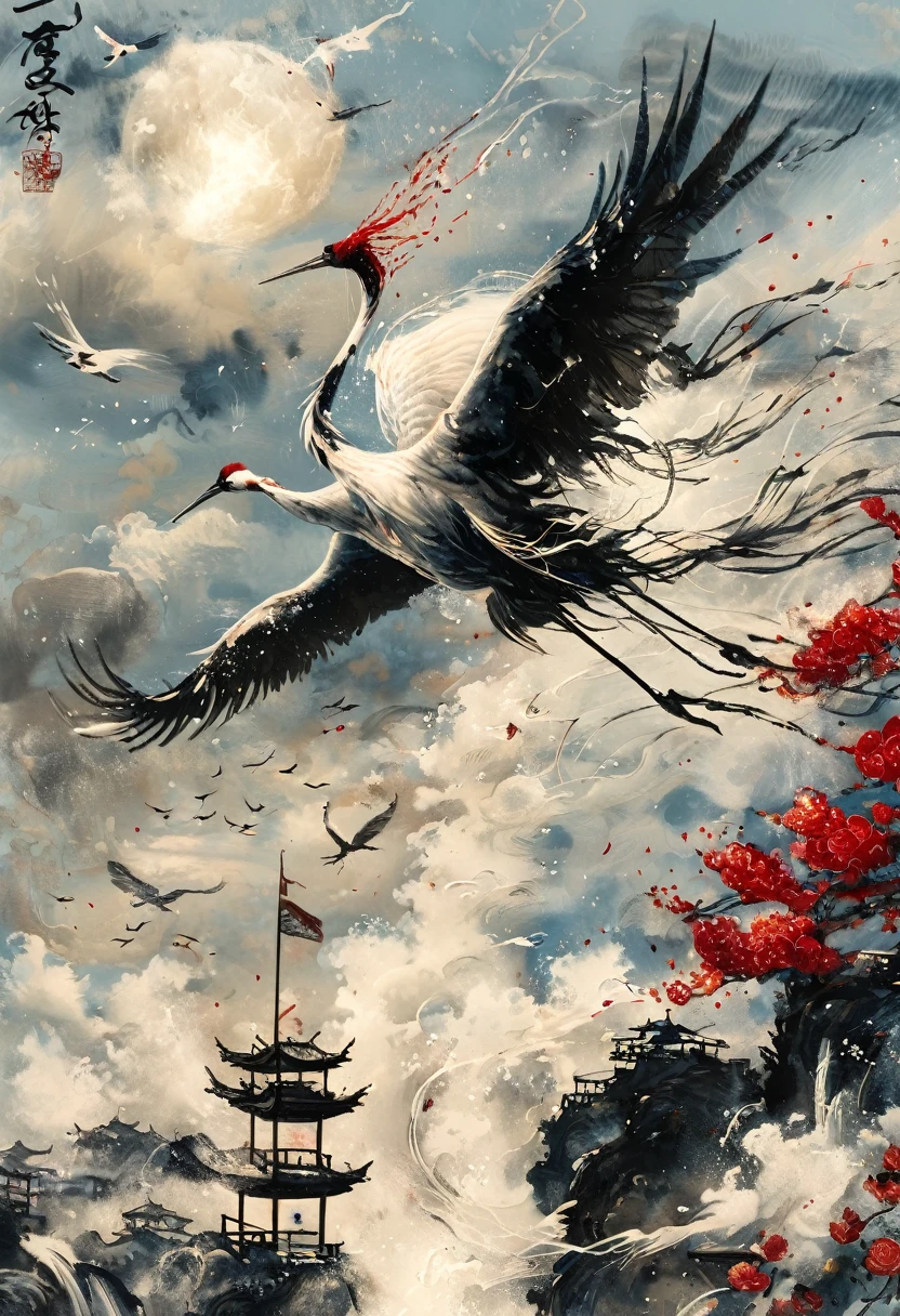 Ink, Crane, cloud, wing, I am, outdoors, feathered wing, sky, petal,oil paint
