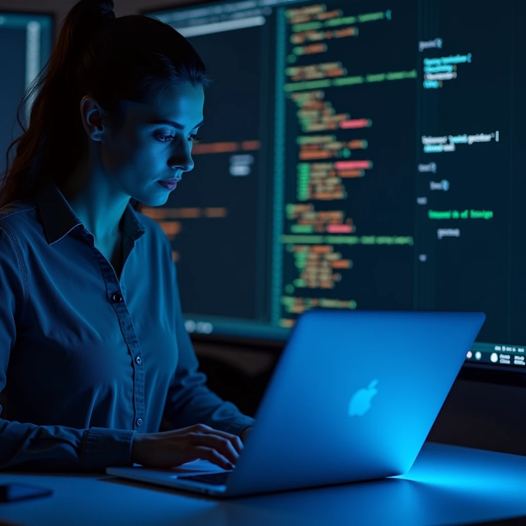 Create an image of a woman working on a laptop in a modern, minimalistic environment. The setting should be clean and well-lit, with the focus clearly on the laptop screen. The screen should display a web interface with lines of code, design elements, or a sleek website layout, highlighting the process of web development and design. The color palette of the image should blend seamlessly with a dark website background, incorporating vibrant highlights, especially in neon blue or subtle electric hues, that reflect off the laptop screen and add a tech-savvy, futuristic feel. The woman should appear focused and professional, with the overall atmosphere of the scene conveying innovation, digital creativity, and expertise in front-end development. The environment should also feel sophisticated, emphasizing the theme of cutting-edge technology and design.