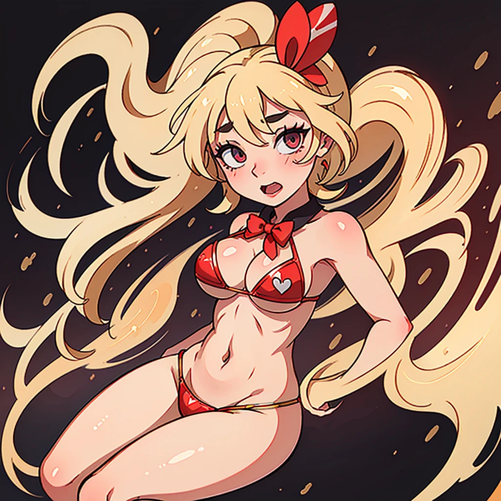 One girl, solo, Heart-shaped eyes, Ahegao, Large Breasts, Simple Background, Cowboy Shot, ribbon, Sparkle Effect, Micro Bikini, Kneel, Anime Style, masterpiece, High resolution, Anatomically correct, accurate, Textured skin, Very detailed, Ultra high definition,