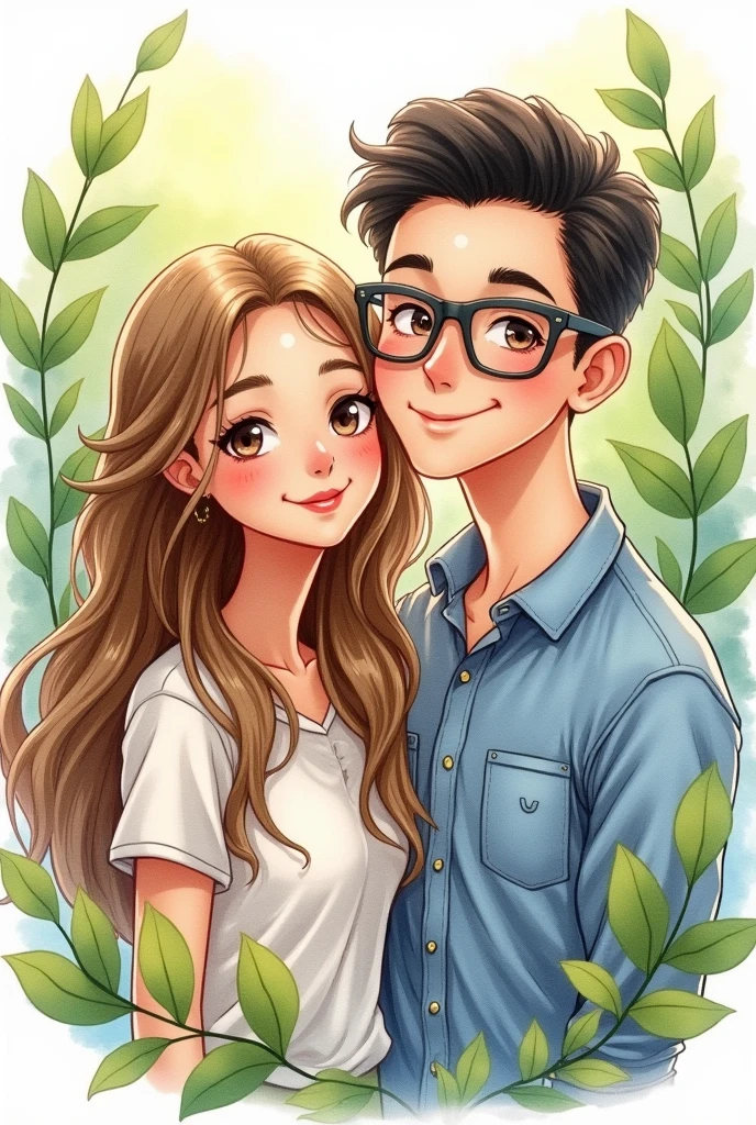 Watercolor drawing of a happy couple, a 23-year-old girl with long, wavy light brown hair and a 25-year-old boy with short, straight black hair and glasses 