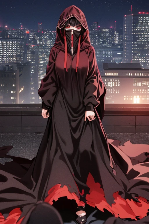NNAssassinFSF, 1girl, solo, median breasts, black hair, red eyes, long sleeves, dress, hood, long skirt, black dress, cape, black cloak, hood up, black robe, covered mouth, hooded cloak, ((masterpiece,best quality)) city, night