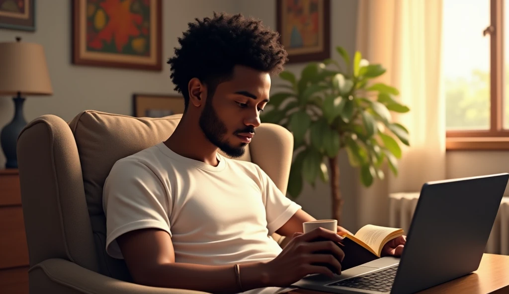 (photorealism:1.2), black young man with short, dark curly hair, dark eyes, and light complexion, handsome somali boy, sitting on chair, reading book, laptop and cup of coffee on table infront of him, wearing white t-shirt and black band clothes, indoors, soft lighting,somali art in the background, window with sunlight, cozy room, relaxed pose, realistic, intricate details, warm colors.