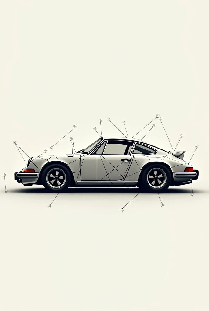 A Porsche 9 11 made of equilateral triangles, isosceles and scalene triangles, also acute and obtuse right triangles. In parentheses, the same car is drawn with the triangles