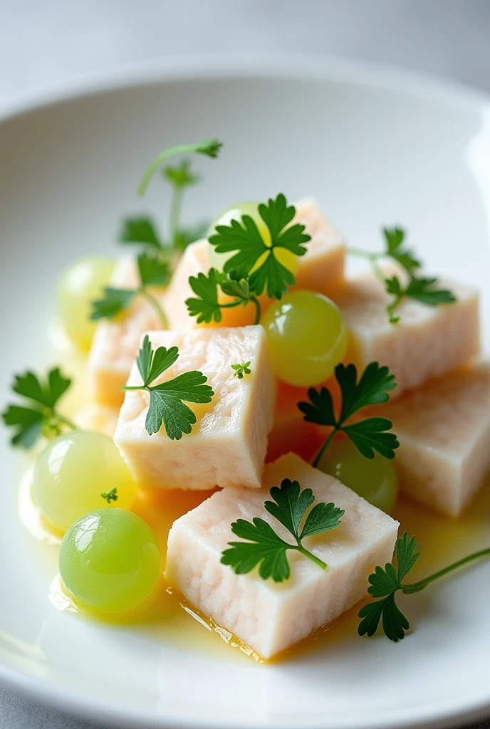 deconstruction of ceviche with blonde sea bass, lime spherifications, Tiger&#39;s milk and cilantro 