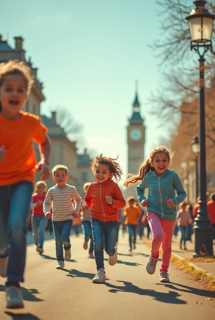 I want you to create an image for me where they advertise a private educational institution., where in the image there are many children running and misleading advertising focused on learning a second language is shown and in the image is the phrase " English and French language learning with guaranteed B2 level" in Spanish