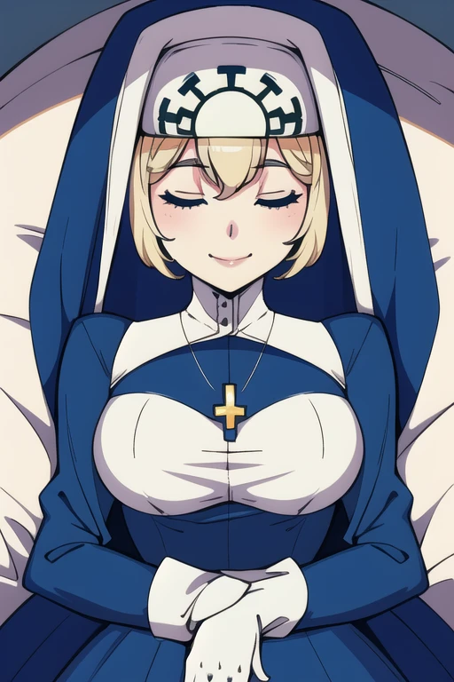 Double, short blonde hair, medium breasts, solo, 1girl, smiling, cowboy shot, closed eyes,
blue habit, cross necklace ,white gloves, long sleeves, nun, long skirt
(insanely detailed, beautiful detailed face,beautiful detailed eyes, masterpiece, best quality) room, bedroom, sexy pose, lying down
