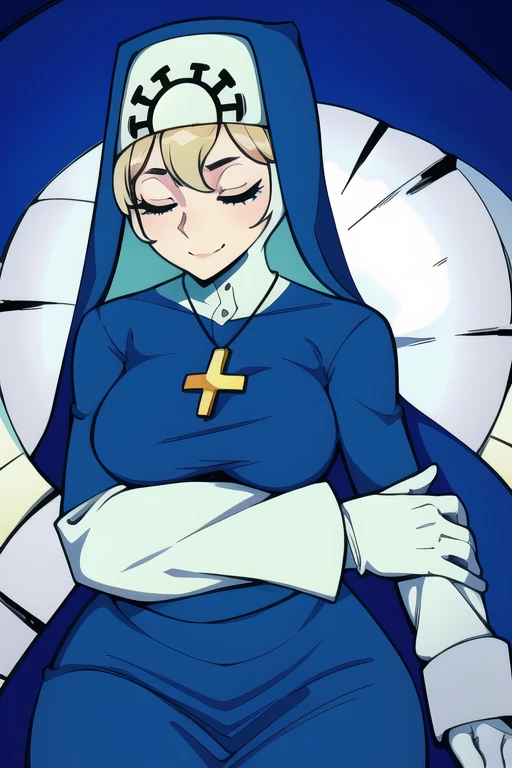Double, short blonde hair, medium breasts, solo, 1girl, smiling, cowboy shot, closed eyes, 
 blue habit, cross necklace ,white gloves, long sleeves, nun, long skirt
(insanely detailed, beautiful detailed face,beautiful detailed eyes, masterpiece, best quality) room, bedroom, sexy pose, lying down 