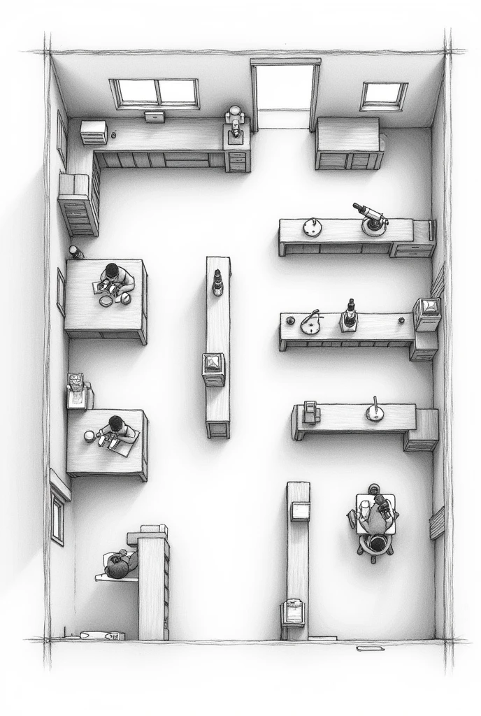 Pencil drawing of a plan of a veterinary laboratory at the level, with 14 work areas each equipped with microscopes, a person working with a microscope