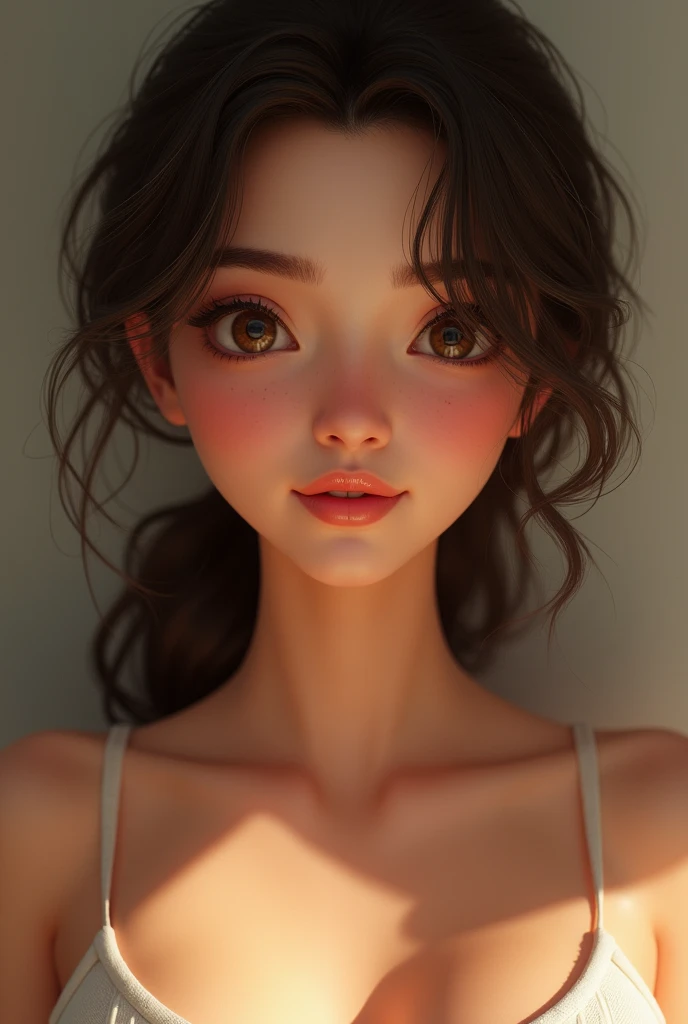 Design a woman with a cute, engaging face. Her olive skin is smooth and glowing, and her round, expressive eyes are large and doe-eyed, framed by delicate, well-defined eyebrows. She has a small, button-like nose and full, slightly curved lips that naturally form a warm, inviting smile. Her high, rounded cheeks accentuate her youthful and lively demeanor, giving her an overall endearing and approachable appearance. Cleavage. Sexy.