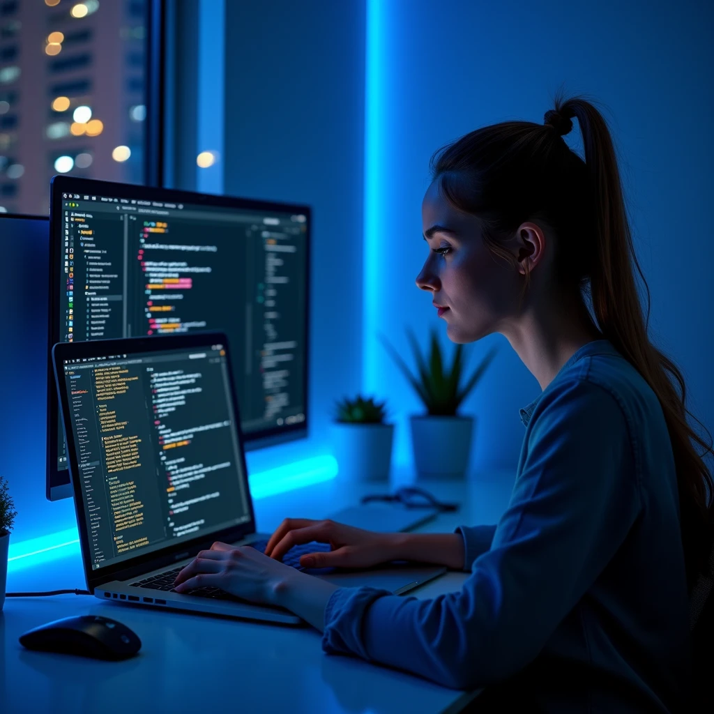 Create an image of a woman working on a laptop in a modern, minimalistic environment. The setting should be clean and well-lit, with the focus clearly on the laptop screen. The screen should display a web interface with lines of code, design elements, or a sleek website layout, highlighting the process of web development and design. The color palette of the image should blend seamlessly with a dark website background, incorporating vibrant highlights, especially in neon blue or subtle electric hues, that reflect off the laptop screen and add a tech-savvy, futuristic feel. The woman should appear focused and professional, with the overall atmosphere of the scene conveying innovation, digital creativity, and expertise in front-end development. The environment should also feel sophisticated, emphasizing the theme of cutting-edge technology and design.