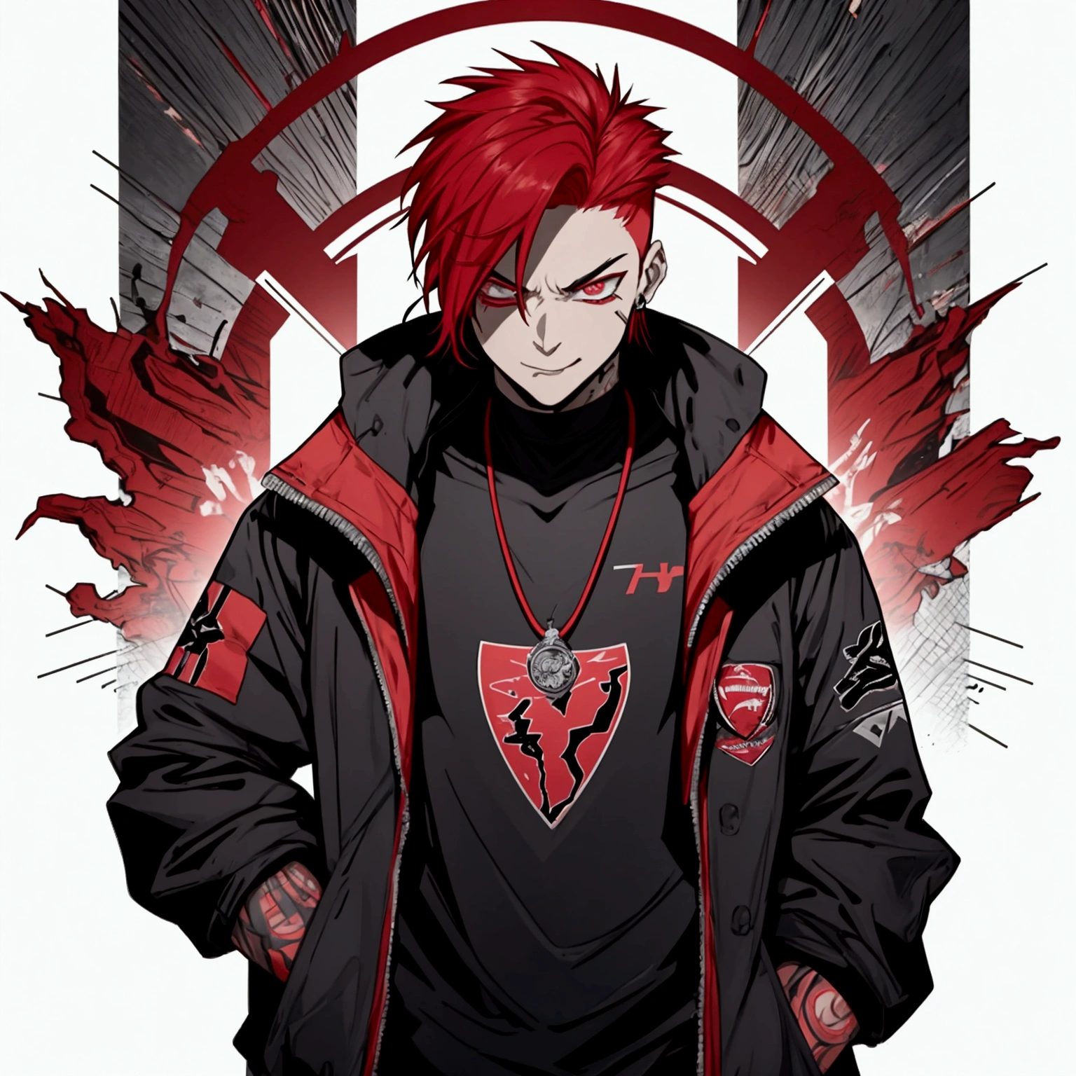 red hair, bald, Gradient_eyes, tongue out, long tongue, oral invitation, modern, アニメ, character chart, tachi-e, uhd, highres, best quality、Young man, He likes to wear sportswear-like clothes., Black shades dominate. His body is covered in everything from abstract patterns to symbols of strength and defiance.、Arsenal、Cannon tattoos can be seen. Sports competition. Can be worn as a pendant or on a chain around the neck, His youth々Enhances a stylish and stylish image. Your facial expression and posture may be a little tense., He himself appears short-tempered and aggressive., Aggressive facial expression.cyberpunk