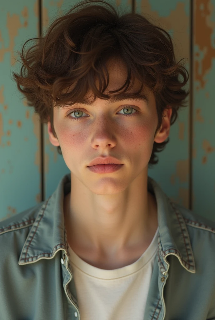 A photo of a boy with delicate features but who is a teenager almost entering adulthood ,light skin and brown hair,in some casual pose but at least you can see up to the shoulders and the photo doesn't have much quality