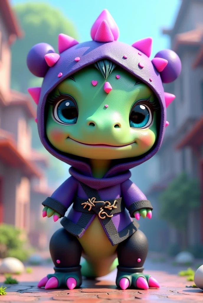 3d Cute kawaii FEMININE dinosaur naughty smiling with DEEP PURPLE BLACK NINJA CLOTHING with two bows or bumps on the head style buns like Pucca&#39;s apple green body with purple CRESTS purple CLAWS and lilac SPOTS with blue-green eyes WITH BIG legs like Yoshii and nice environment background