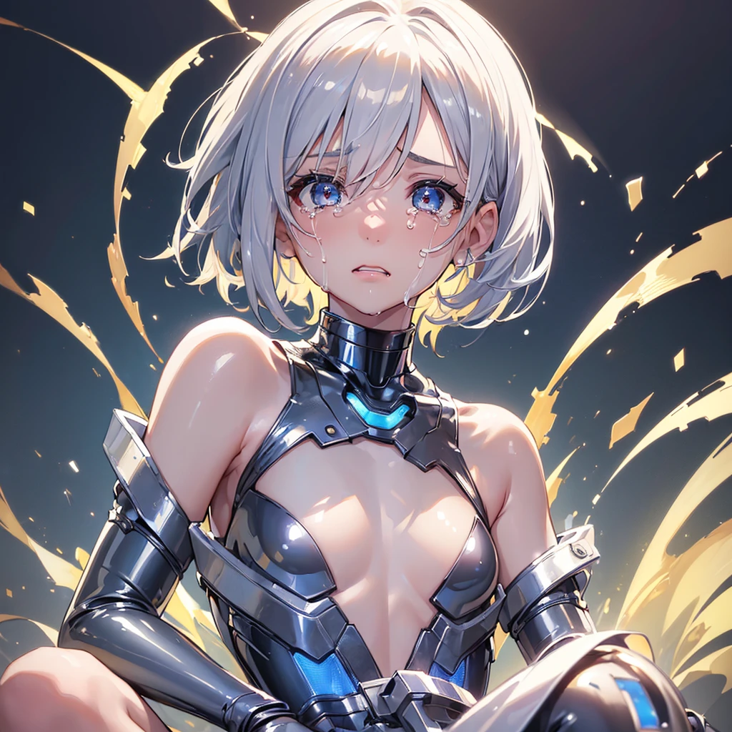 (8k, RAW Photo, Top Quality, Refined Details, Masterpiece: 1.2), (High Resolution 8k Wallpaper), Sharp Focus, Professional Lighting, Depth of Field, Cinematic Lighting, Background Blur, BREAK (1girl:1.4),(crying face: 1.4),(sitting:1.4), cute face, pixie cut,hair between eyes, slender line, slim body, (silver latex:1.4), Arm cover, golden ratio,(small breasts: 1.4), (upper body:1.4),