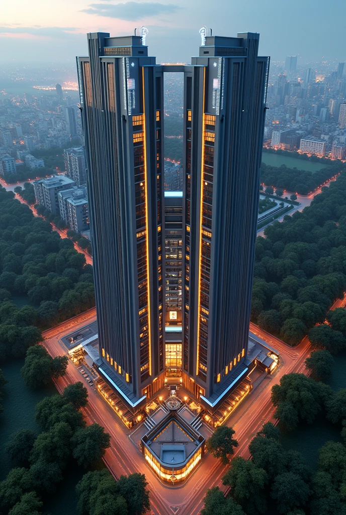 birds eye view, art deco design,urban buildings,streamline moderne,futuristic architecture, Abstraction,modern style,Luxury and Luxury,Future night view,Futuristic decorative elements,Metallic,number line,sci-fi lamp,Virtual Engine,Unreal rendering, neon lights, apartments, restaurants, mixed use, multiple buildings, trees, parks, greenery, grass, green field, horizon,