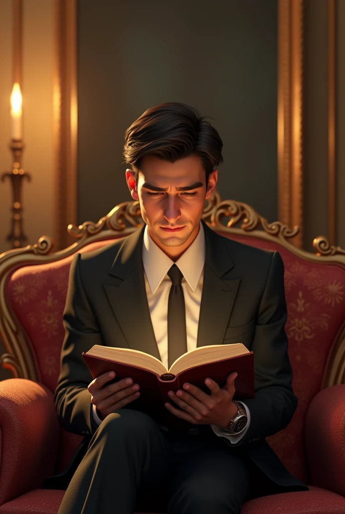 A sad young business man reading in a Bible at a fancy house, pixar style, 3d , high-aesthetic, cinematic, masterpiece
