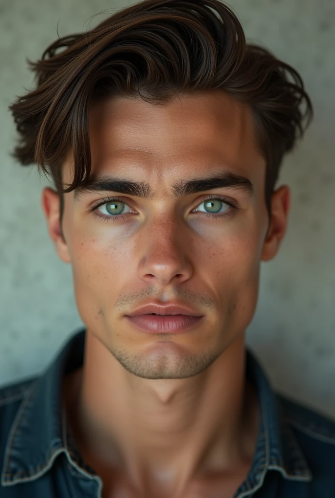 Young handsome man with beautiful eyebrows and green eyes
