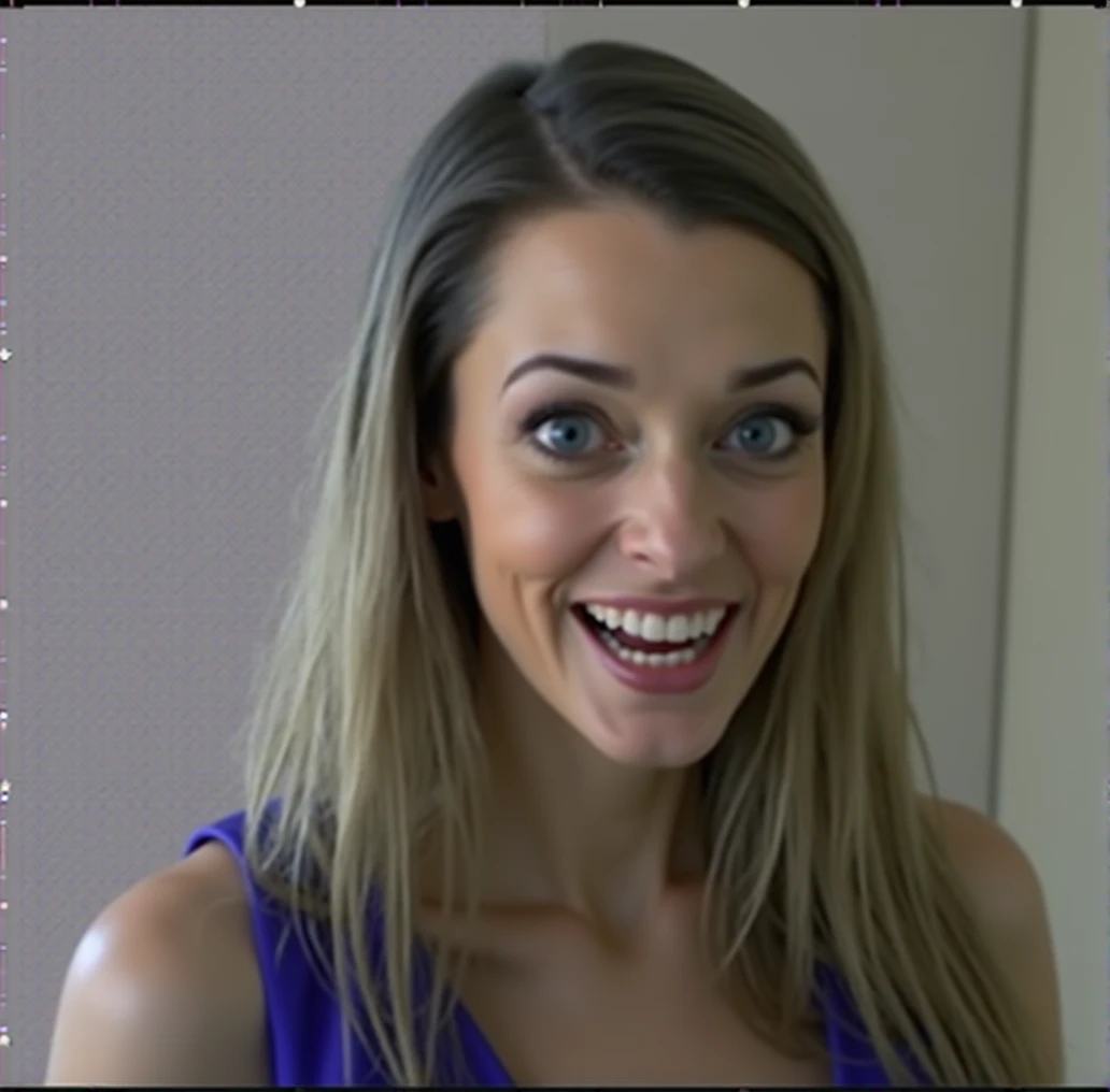 a detailed sexy evil witch with a big nose, big forehead, long hair, long jawline, pointed chin, raised eyebrows, perfect teeth, wearing a blue dress, cleavage, evil laugh, cinematic lighting, hyperrealistic, 8k, highly detailed, photorealistic, masterpiece