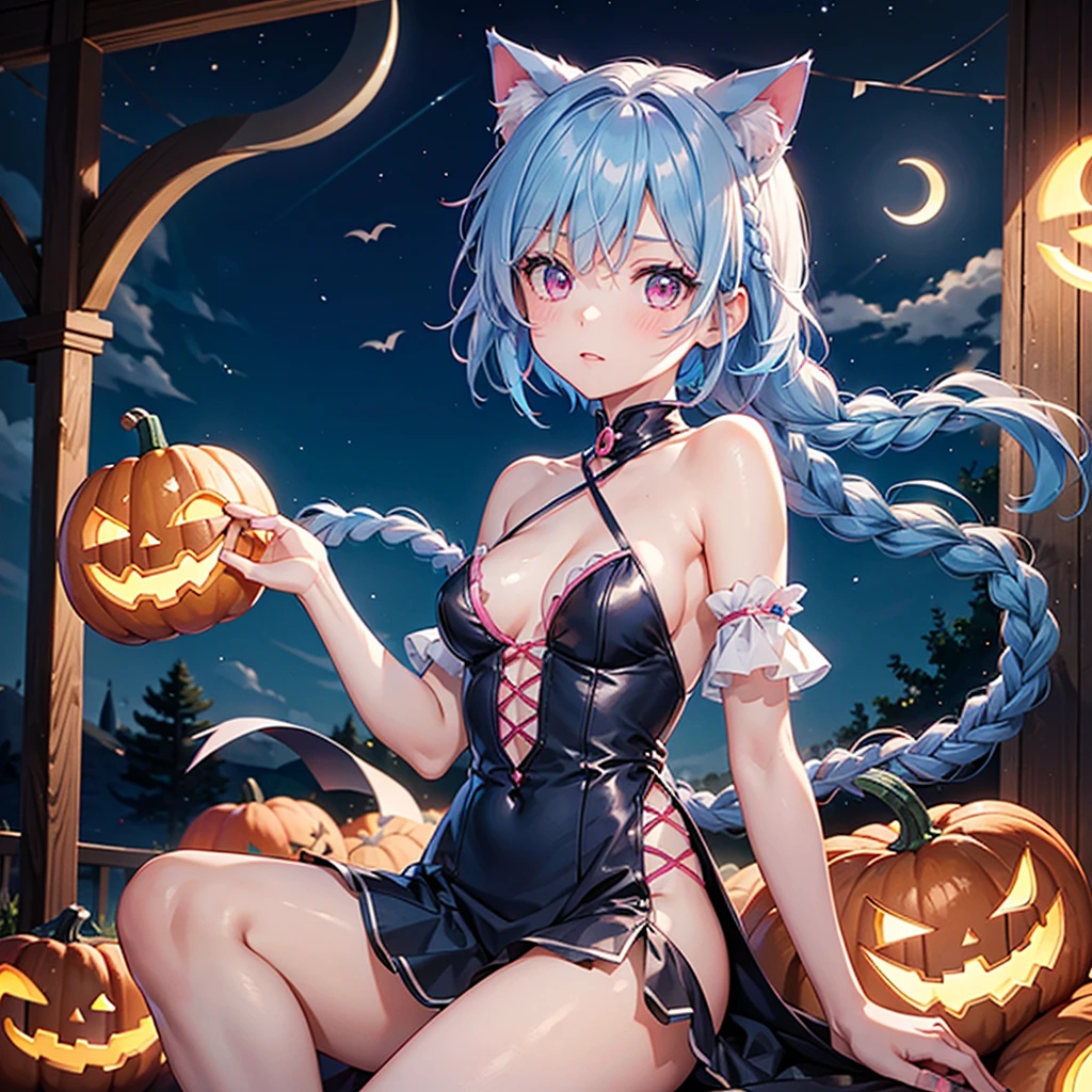 (Sky blue hair),(Braided short hair), (Pink Eyes),Fair skin) ,(whole body),(One Girl),(Crescent Moon),(There are lots of pumpkin ghosts in the background),Cat ear,Cat&#39;s Tail,(Sailor suit),(Ahegao),(Fall into Darkness),If you don't give me sweets, I'll play a prank on you.),Halloween Night Party),(masterpiece, Highest quality, Very detailed, Best Shadow), (Detailed Background), (Beautifully detailed face), High Contrast, (Best lighting, Very delicate and beautiful), ((Cinematic Light)), Hyper Detail,8k, Dramatic Light, Intricate details,night,(Bats flying in the background),Pumpkin handbag,There are sweets in the bag,High quality