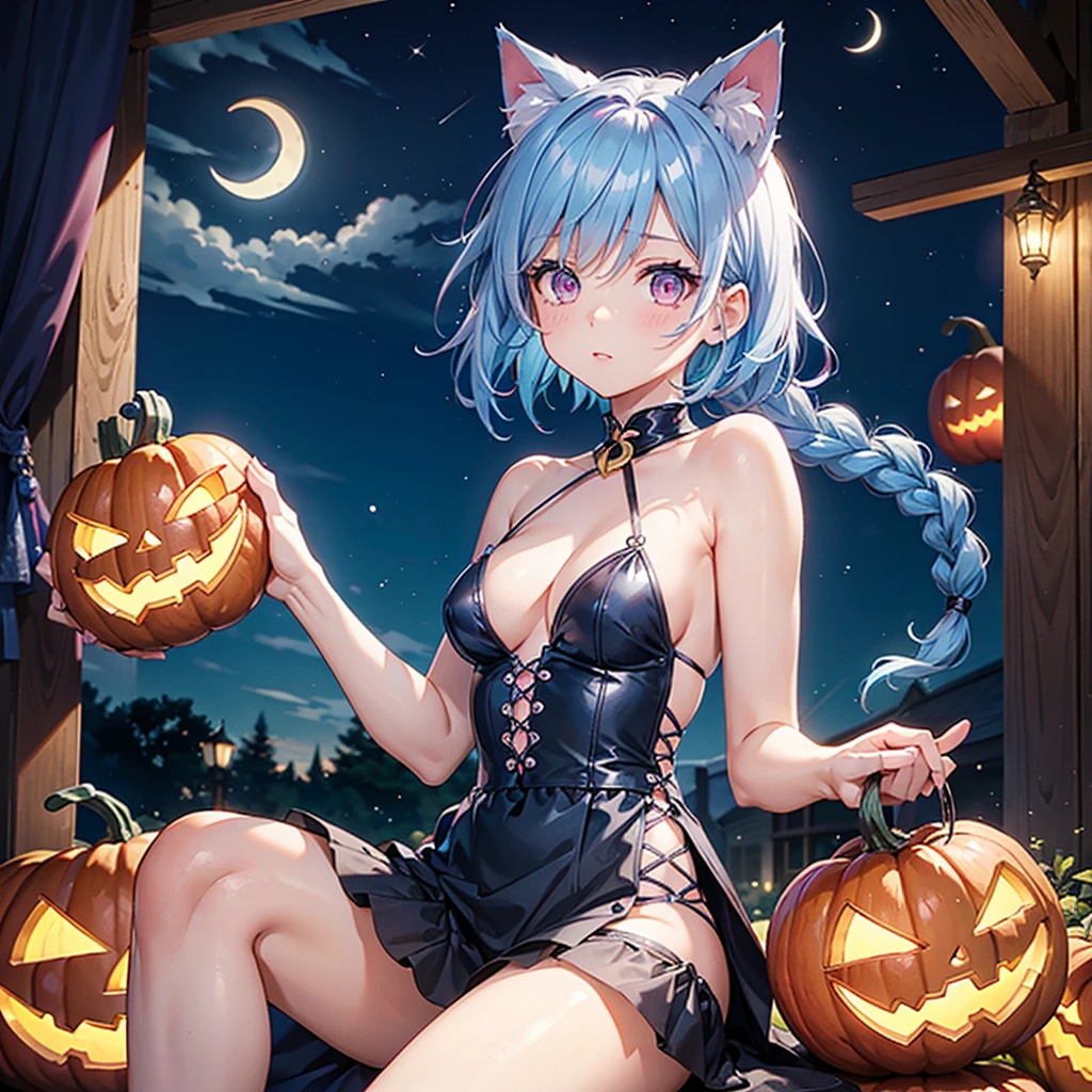 (Sky blue hair),(Braided short hair), (Pink Eyes),Fair skin) ,(whole body),(One Girl),(Crescent Moon),(There are lots of pumpkin ghosts in the background),Cat ear,Cat's Tail,(Sailor suit),(Ahegao),(Fall into Darkness),If you don't give me sweets, I'll play a prank on you.),Halloween Night Party),(masterpiece, Highest quality, Very detailed, Best Shadow), (Detailed Background), (Beautifully detailed face), High Contrast, (Best lighting, Very delicate and beautiful), ((Cinematic Light)), Hyper Detail,8k, Dramatic Light, Intricate details,night,(Bats flying in the background),Pumpkin handbag,There are sweets in the bag,High quality