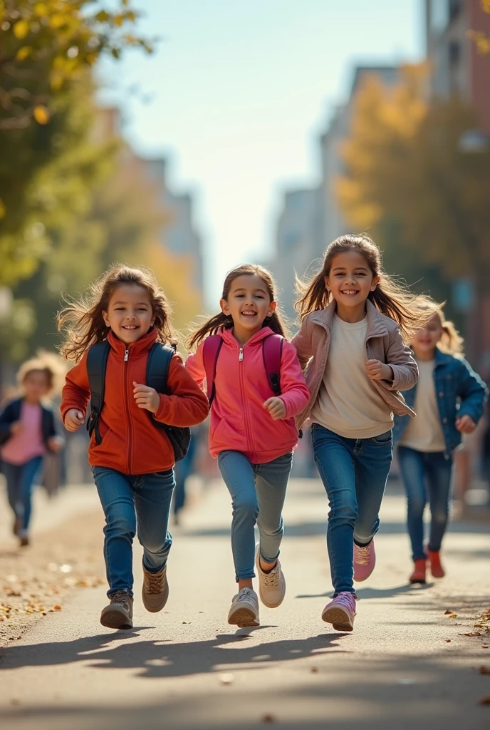 I want you to create an image for me where they advertise a private educational institution., where the image shows many children running and misleading advertising focused on learning a second language and the image must contain the following phrase: " English and French language learning with guaranteed B2 level" in Spanish