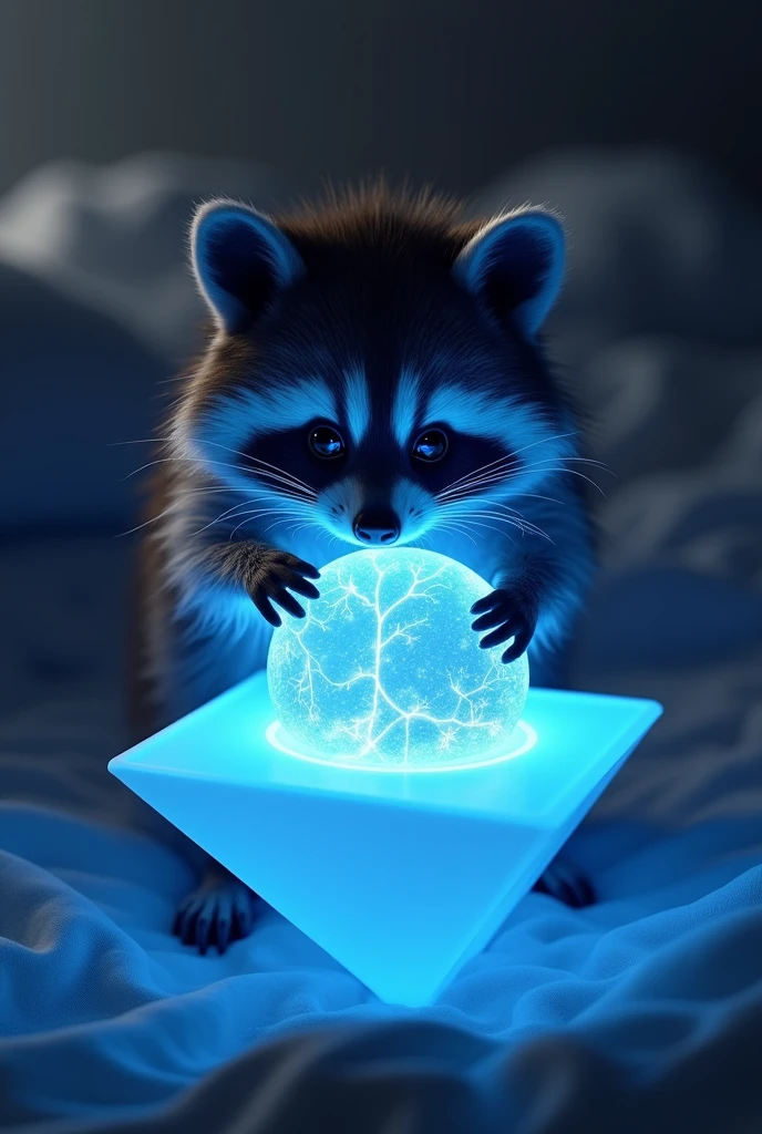 A captivating Photograph of a cute extra fluffy baby realistic raccoon render showcases a surreal bedroom setting illuminated by a dim, Glowing plasma ball resting on a fascinating diamond table, Sculpted to resemble a luxury bed. The vibrant light blue glow of the table contrasts sharply with the surrounding darkness.., creating a captivating atmosphere. The dancing electrical filaments of the plasma ball emit a mysterious aura., Photo, 3d rendering, conceptual art