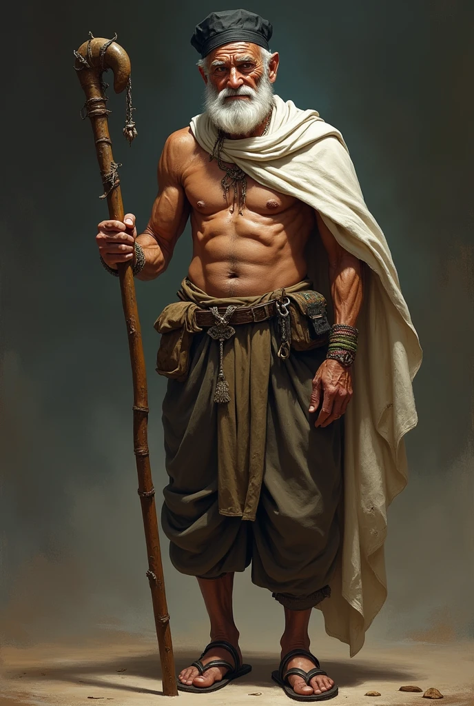 An old wise man, bare chested, tying a white wrapper across his left shoulder but it covers his bare chest, holding a long walking stick, wearing a black cap, the fabric worn appears he's a wealthy man, he wears a sandals.