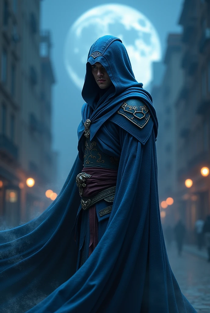 Homem com uma capa do assassino scready, blue fox style 

