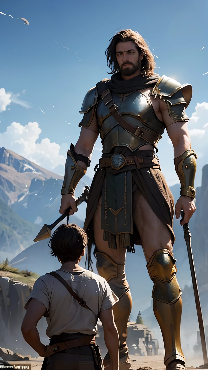 A young David stands fearlessly, facing the enormous Goliath in a rugged, mountainous landscape. David, smaller in size but radiating determination, holds a simple sling in his hand. Goliath, towering over him, wears imposing bronze armor and wields a massive spear and shield, his face displaying a mixture of arrogance and disbelief. Behind David, the Israeli soldiers watch with a mix of hope and anxiety, while Goliath's army stands confidently in the distance. The scene captures the dramatic and tense atmosphere of this legendary biblical showdown
