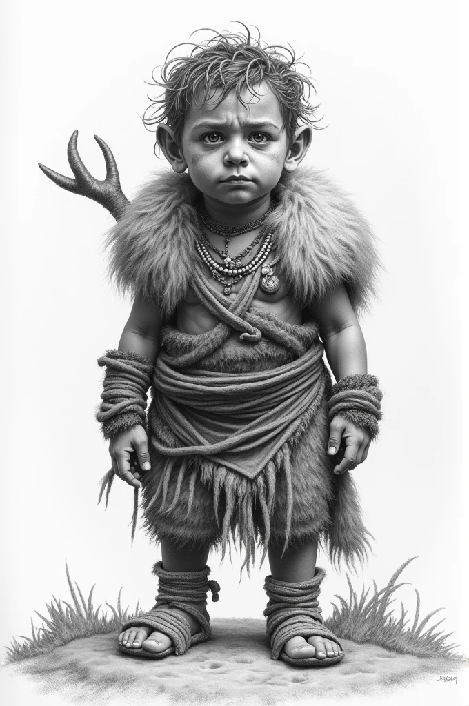 short person, dirty and dressed in wild animal skins, pencil drawing style image 