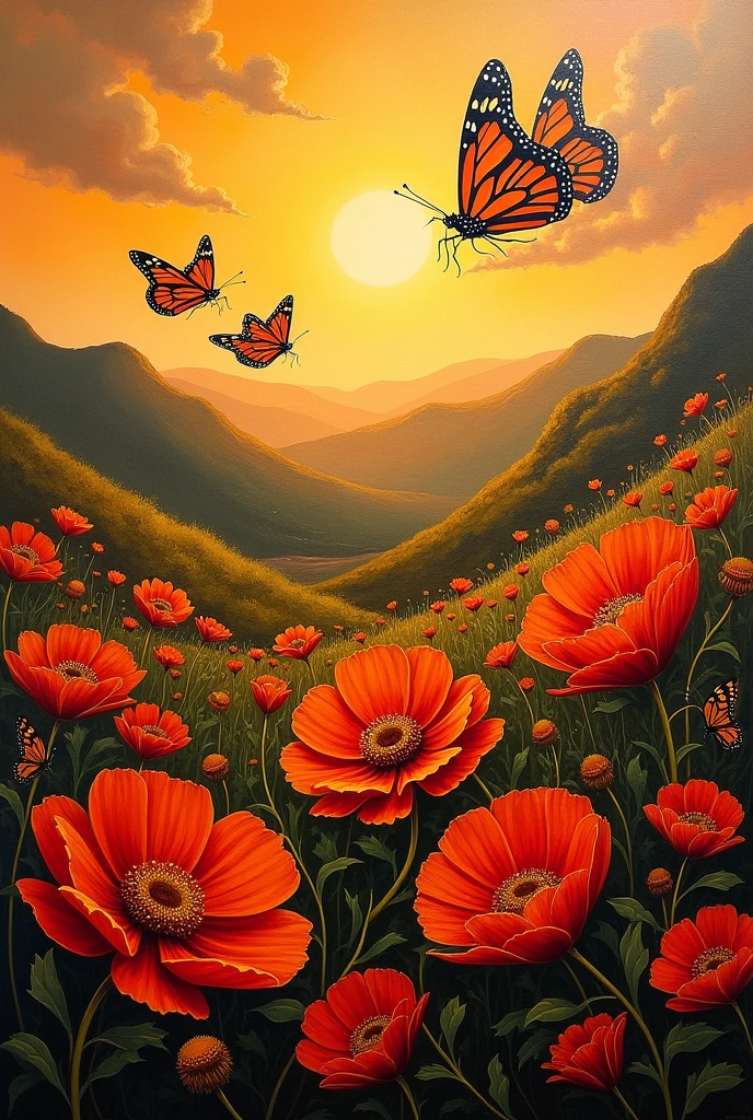 Oil painting alluding to the Day of the Dead of the Purepecha culture and with elements such as the cempasuchil and the monarch butterfly, that does not include women or men