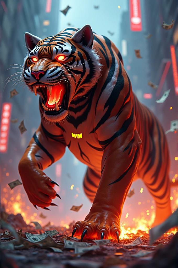 Super strong cyberpunk demon tiger with burning dollar bills, with MYM logo