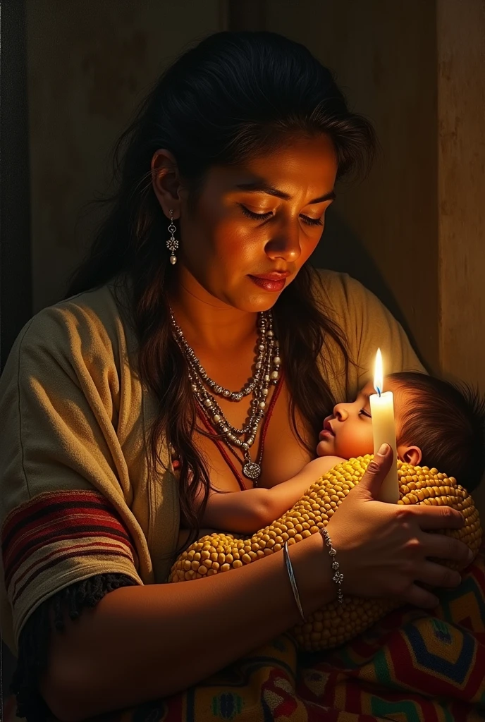 masterpiece, realist, Eugene Delacroix, Baroque, high contrast, Mexican Rarámuri indigenous woman, with strong expression,with woven shawl, grateful to heaven,Mexican,breastfeeding her baby, and held a corn cob, and a heart with light,illuminated by a candle, shocking look, warm tones, dark background, Rembrandt, Delacroix,
