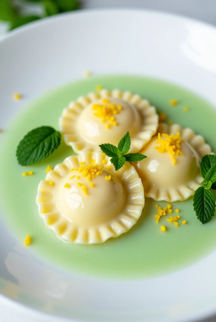 Ravioli with a mint foam base decorated with lemon zest