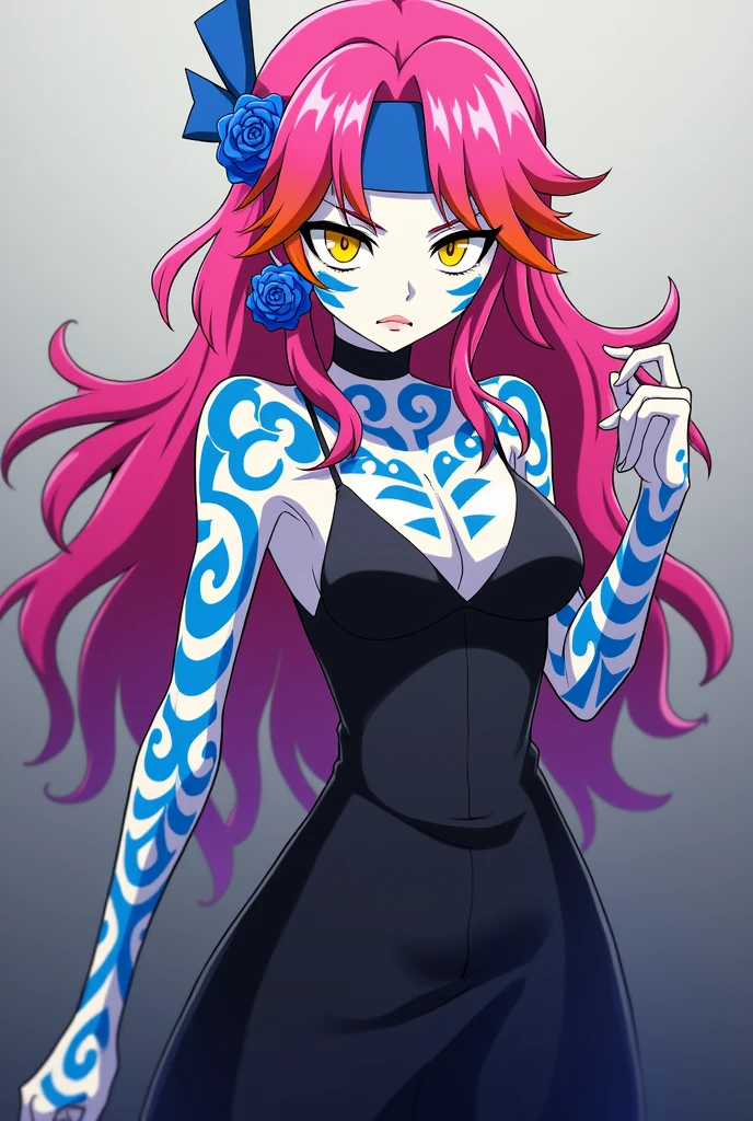 Female Akaza, also known as Hakuji, is one of the Twelve Kizuki in "Kimetsu no Yaiba". He has a distinctive appearance with pale skin and blue markings all over his body that resemble tribal tattoos.. Their eyes are marked by a bright yellow iris with a straight, vertical pupil.. Akaza's hair is long and pink., with orange highlights in the fringe pieces, with a blue band around his head. He exudes a menacing aura, but at the same time it has a powerful and imposing presence. She has modern clothes (long) and black, with a beautiful blue rose earring and lip piercing. She's muscular