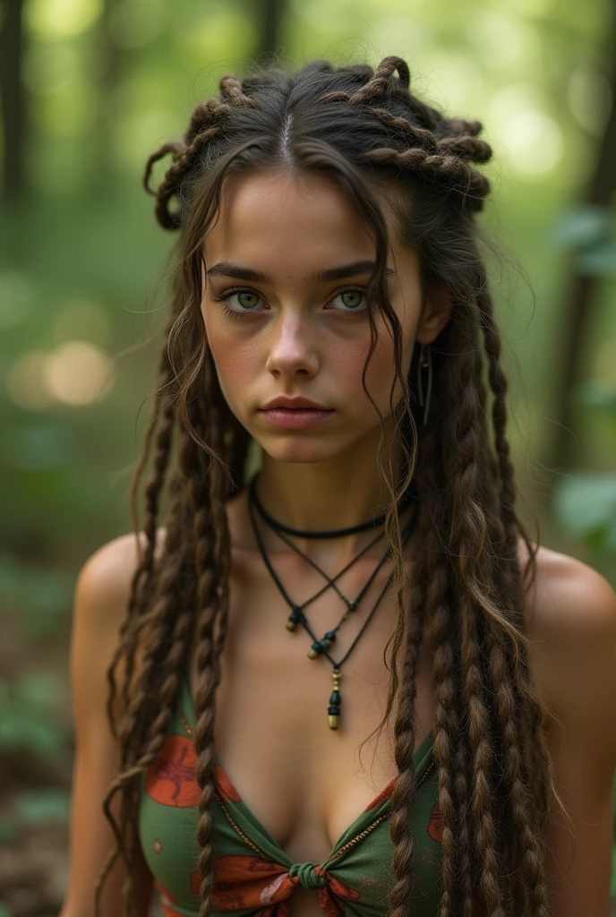Shy littel hippie, reshead teen. Liing a bed in a forrest. She has dreadlocks and green eyes. She is cute and slim, but has big breasts. Her clothes cover only a part of her breast and her ass