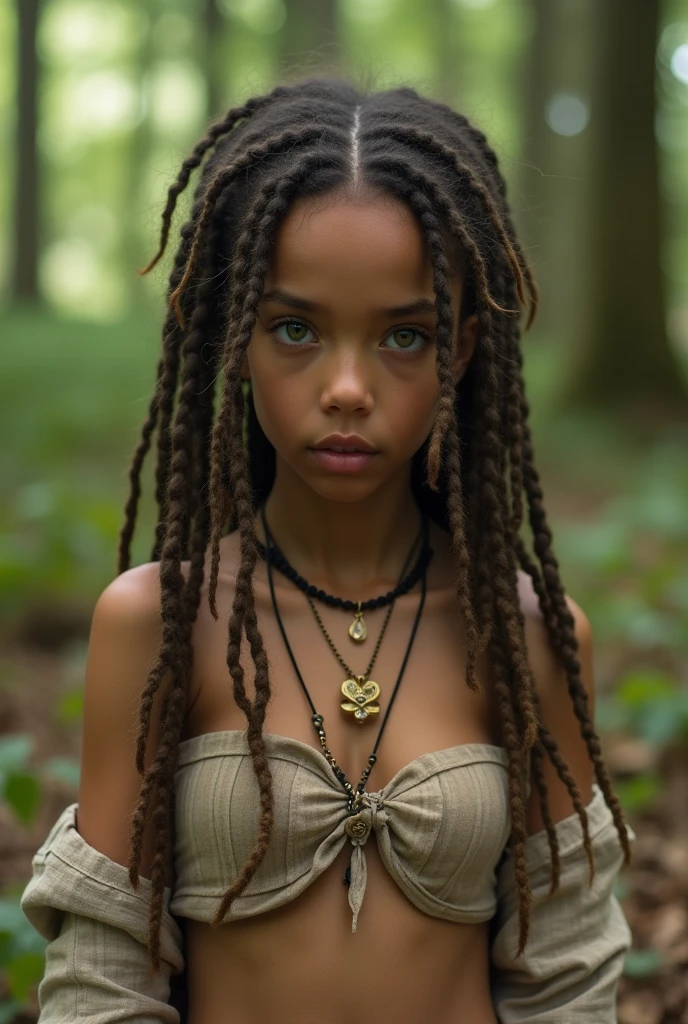 Shy littel hippie, reshead . Liing a bed in a forrest. She has dreadlocks and green eyes. She is cute and slim, but has big breasts. Her clothes cover only a part of her breast and her ass