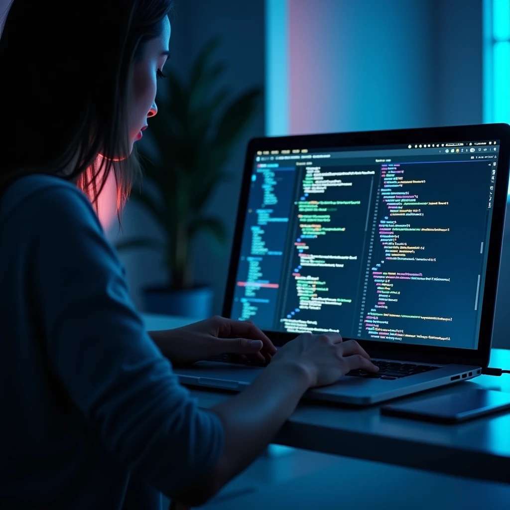 Create an image of a woman working on a laptop in a modern, minimalistic environment. The setting should be clean and well-lit, with the focus clearly on the laptop screen. The screen should display a web interface with lines of code, design elements, or a sleek website layout, highlighting the process of web development and design. The color palette of the image should blend seamlessly with a dark website background, incorporating vibrant highlights, especially in neon blue or subtle electric hues, that reflect off the laptop screen and add a tech-savvy, futuristic feel. The woman should appear focused and professional, with the overall atmosphere of the scene conveying innovation, digital creativity, and expertise in front-end development. The environment should also feel sophisticated, emphasizing the theme of cutting-edge technology and design.