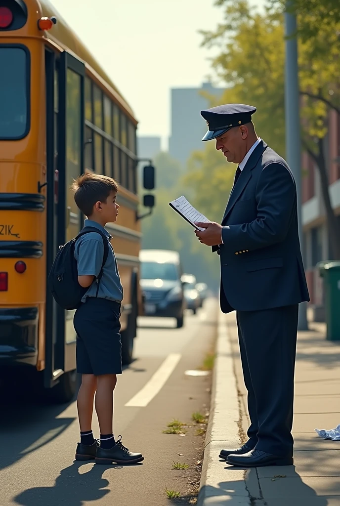 Boy in school uniform gets off bus and looks at sad school principal who is being fined by guard for littering