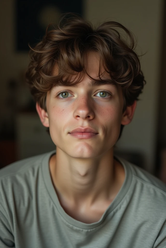 A photo of a boy with delicate features but who is a ager almost entering adulthood ,light skin and brown hair,in some casual pose but at least showing up to the shoulders,that the photo does not have much quality and that the background is in a humble house