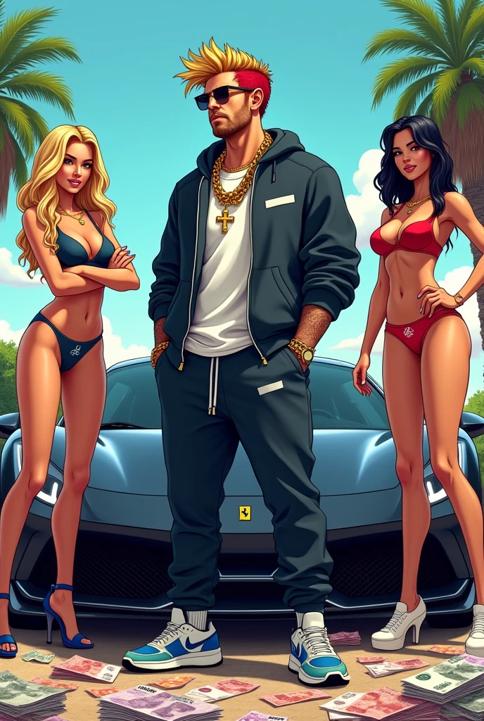 Cartoon, White gangster rapper with short blonde hair and a red 3 day beard, wears a chain with a cross and Nike shoes and a Nike jogging suit 
stands in front of a black Ferrari, to the left and right of him are two pretty women with blonde and black hair in hot pants, there are lots of colorful euro bills everywhere