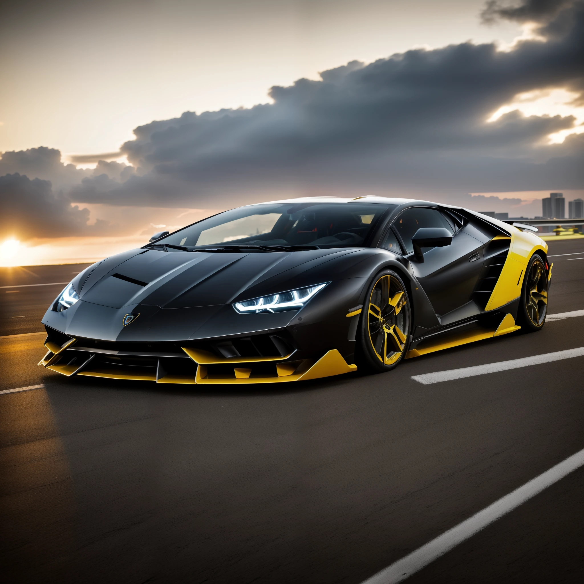 A lamborghini centenario color black and yellow the streets of city miami, Exquisite detail, taken with long exposure to capture the movement of cars and people,insane detail, , 8k, photography, Sony Alpha, Canon 5D, Fujifilm xt100 